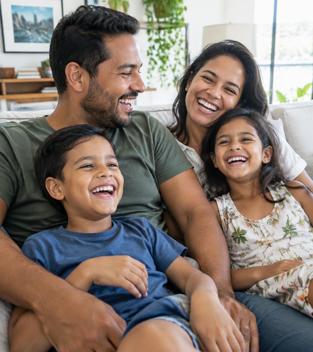 Família sorrindo junta no sofá de casa